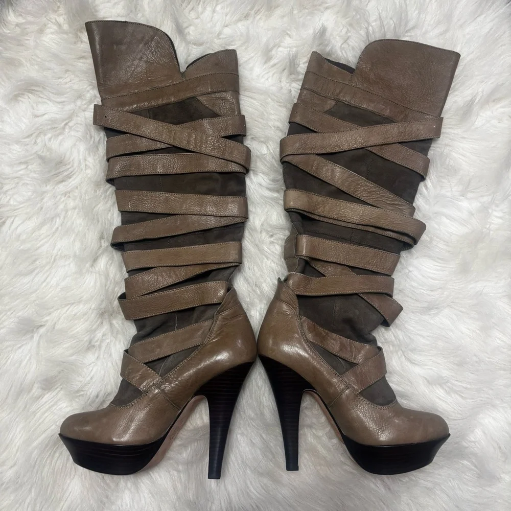 Dolce Vita Strappy Bandage Leather Knee High Heeled Boots size 6.5